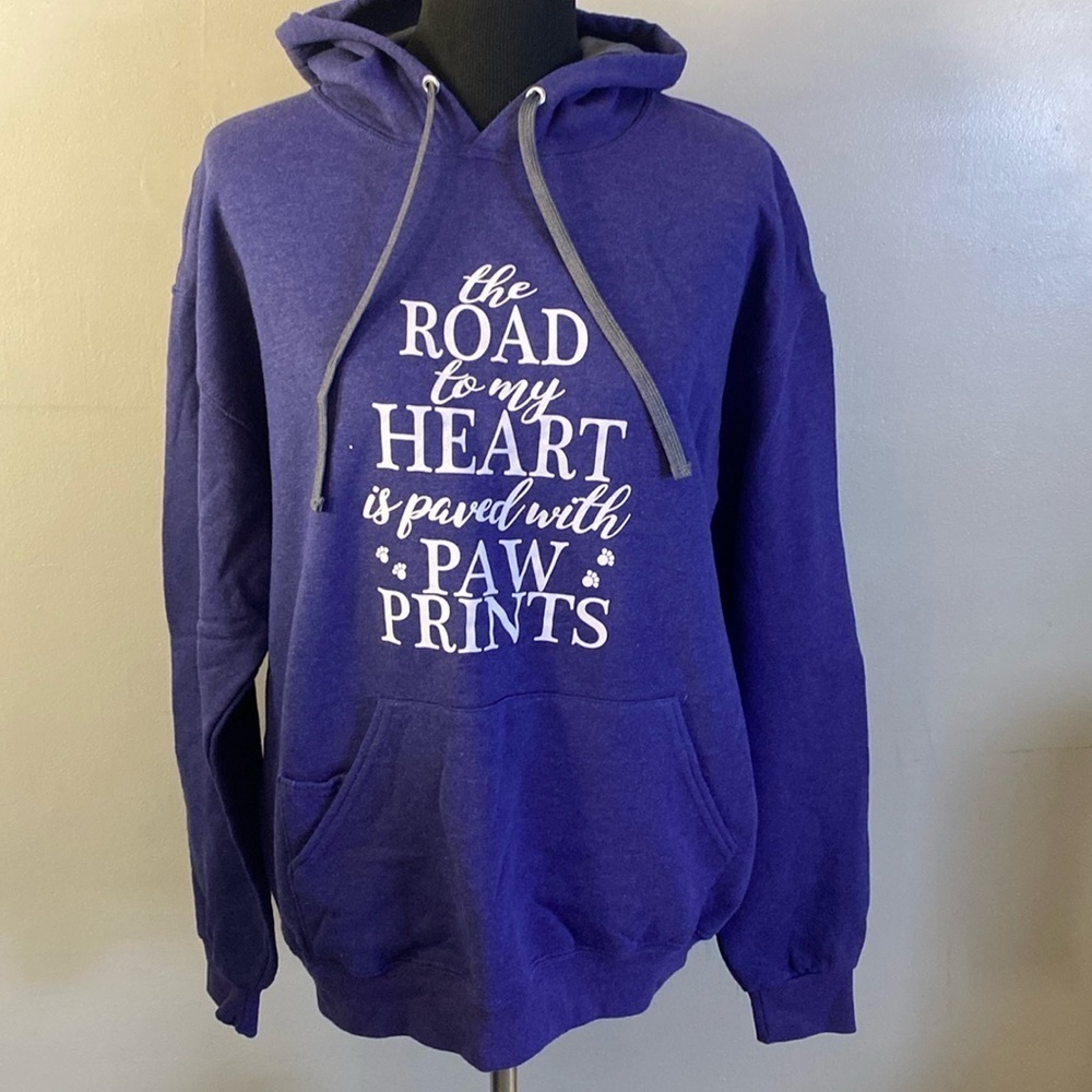 The Road to my Heart is paved with Paw Prints Blue Purple Hoodie Sz L